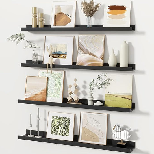 Fun Memories Picture Ledge Shelves Set of 4, 32 Inch Rustic Wall Mounted Floating Shelves with Lip for Home Storage and Décor in Bathroom, Kitchen, Nursery, Bedroom, Living Room, Black