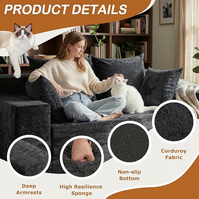 Convertible Sofa Bed, 5 in 1 Small Boneless Couch Pull Out Loveseat Sleeper Sofa,Corduroy Futon Couch Folding Mattress with 4 Pillows for Living Room Bedroom Lounge (No Assembly)