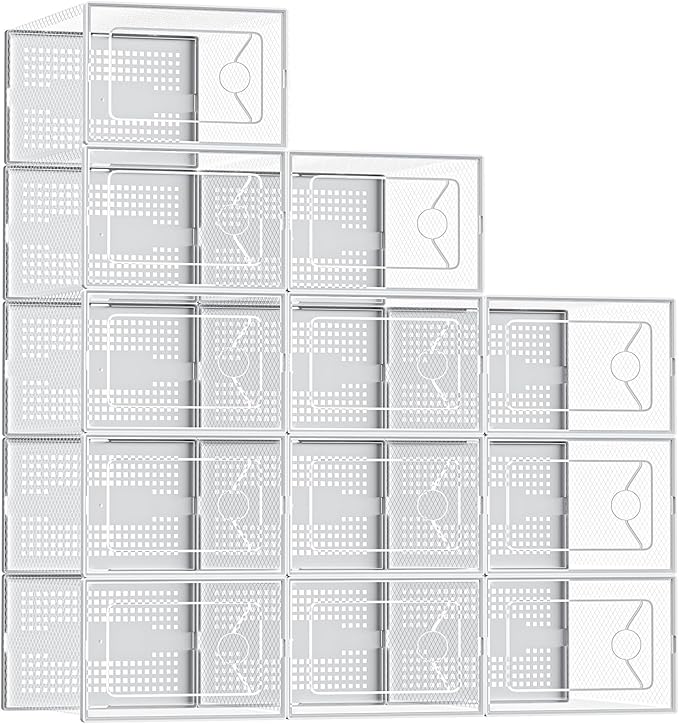 DUMOS Clear Shoe Storage Boxes, 12-Pack Plastic Stackable Shoe Containers with Lids, Display Sneaker Case Organizer for Closet, Under Bed, Entryway,White (Fit Size 11)