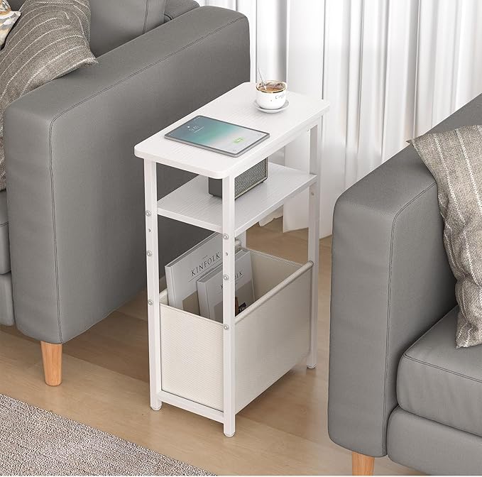 Narrow Side Table, Skinny End Tables with Fabric Basket, Small Side Tables for Small Space, 2-Tier Open Shelves with Basket, Slim Nightstands for Bedroom,Living Room,Office, White