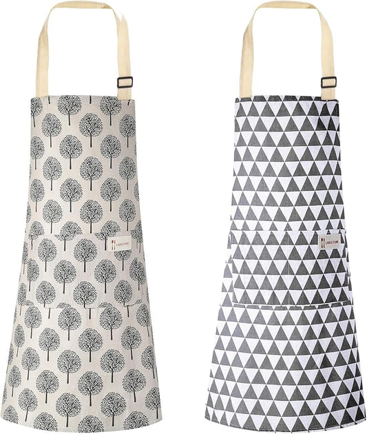 Syhood 2 Pack Aprons with 2 Pocket for Women Men Soft Linen Adjustable Bib Kitchen Cooking Apron for Chefs, Waiters, Baking(Gray Triangle Style)