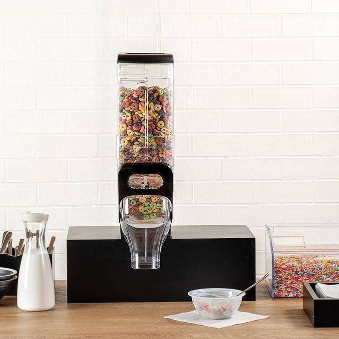 Restaurantware Cereal Dispenser 3.5 gal Plastic Gravity Bin Candy Dispenser Self-Serve Black Dry Food with Stand for Breakfast Buffet or Hotel Use