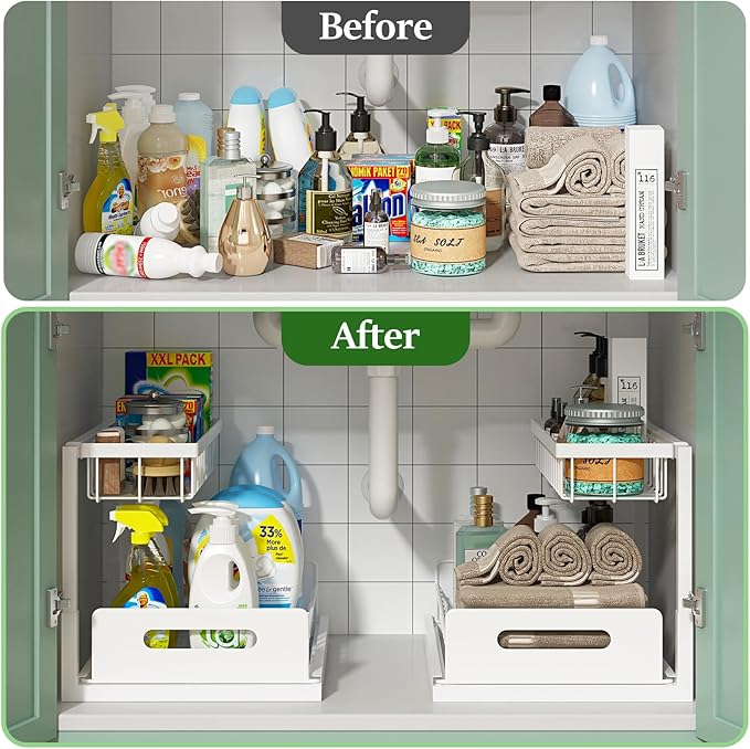 Before and after comparison of a cabinet with cleaning supplies and towels.