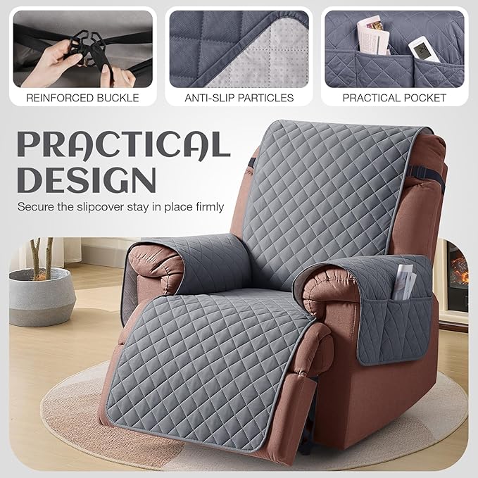 KinCam 100% Waterproof Recliner Chair Cover, Reclining Couch Covers for Pets, Dogs, Recliner Couch Slipcover Furniture Protector with Elastic Straps for Kids(28", Dark Gray)