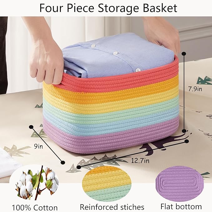 Rainbow Rope Basket for Storage 4 Pack Baskets for Shelves Woven Toy Storage Bins for Nursery Kids in Classroom 12.7"Lx9"Wx7.9"H