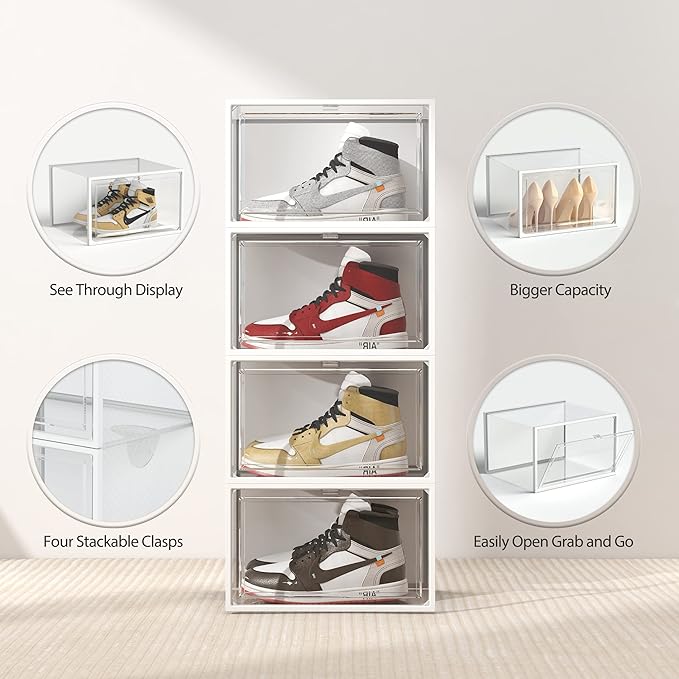 SEE SPRING 6 Pack Shoe Storage Box, Clear Plastic Stackable Shoe Organizer for Closet, X-Large Shoe Containers Bins Holders for Display Sneaker Fit up to Size 14 (Clear)