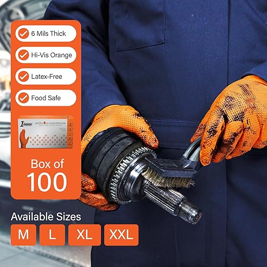 1st Choice 6 mil Orange Gloves, Disposable, Latex Free, Raised Diamond Grip, Mechanic Glove for Men, XXLarge, 1 Box of 100