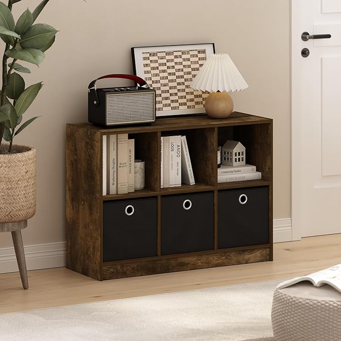 Furinno Basic Book Shelf, 6-Cube Bookshelf with Open Shelf, 3 x 2 Bookcase with Storage Bins, Closed Back, Horizontal, 11.9" x 31.6" x 23.6", for Living Room, Bedroom, Home Office, Amber Pine