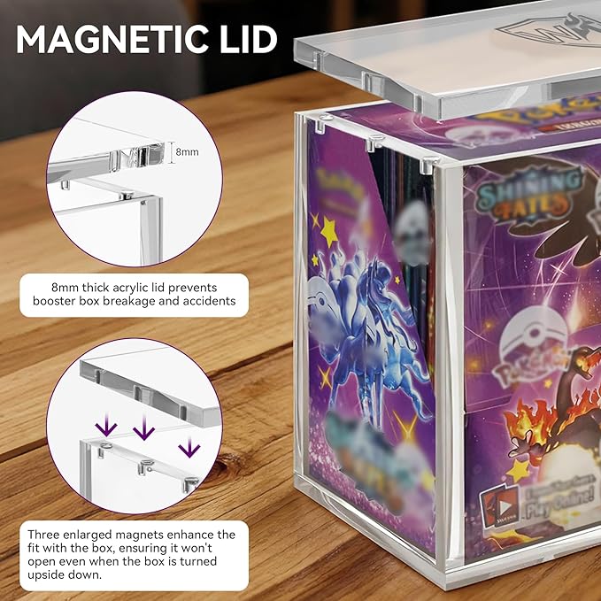 PKMN Booster Box Case 3 Pack, 8mm Ultra Thick Acrylic Protector with Magnetic Lid, Stackable Clear Display Box for Trading Card Collection