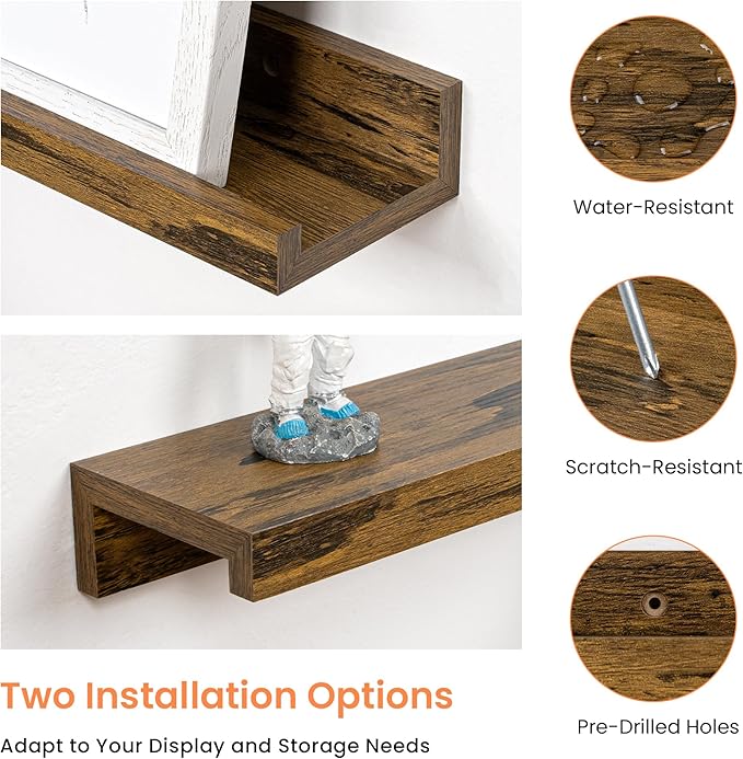 RICHFOCUS Picture Ledge Shelf, 24 inch Floating Shelves Set of 2, Wood Wall Shelves with Lip, Wall Decor Storage for Bedroom Living Room Bathroom Kitchen Nursery Photo Picture, Rustic Brown