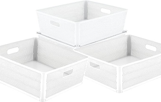Simplify 4Pk Shallow Slide 2 Stack It Tote Basket | Storage & Organization | Open Bins with Stackable Capability | Bathroom | Crafts | Pantry | Playroom | Office | White