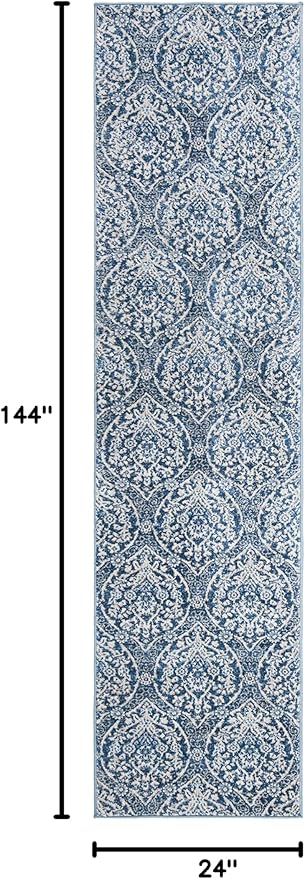 SAFAVIEH Brentwood Collection 2' x 12' Navy / Light Grey BNT860M Floral Damask Ogee Trellis Non-Shedding Living Room Bedroom Runner Rug