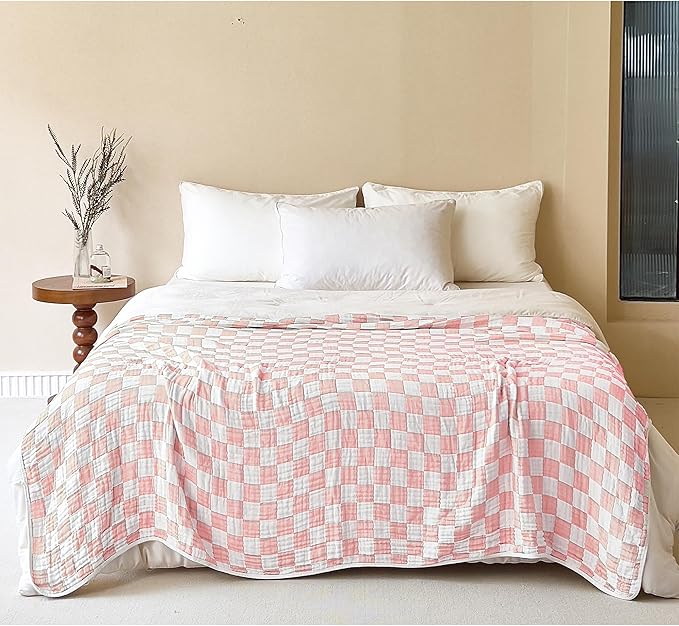 SANACYNA 100% Cotton Muslin Throw Blanket 6-Layer Gauze Pink Checkered Bed Blanket Lightweight Soft Breathable Cooling Blanket for Sofa Couch Both Sides (Pink Checkerboard, Throw 50"x60")