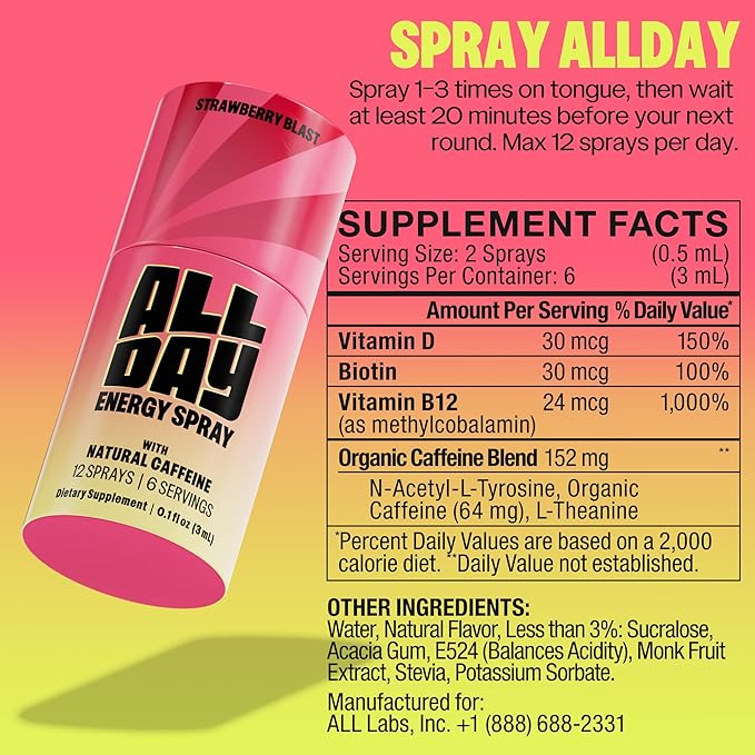 ALLDAY Focus + Energy Spray — Natural Caffeine + L-Theanine + Essential Vitamins — 0 Calorie, 0 Sugar — 12 Spray Bottle — Faster, Cleaner, Smoother Energy (8 Pack Strawberry)