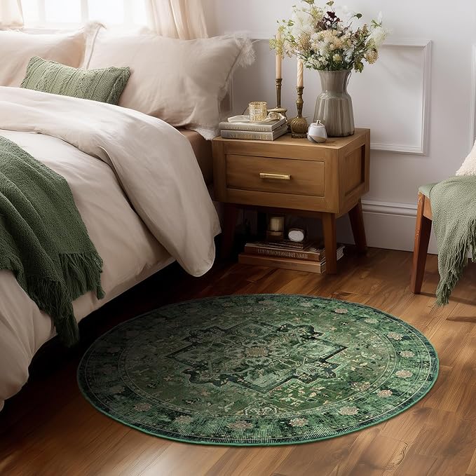Green Round Rugs 4ft for Bedroom Living Room, Low Pile Thin Washable Entryway Area Rugs Non Slip, Traditional Medallion Printed Circle Carpet for Kitchen Dining Room