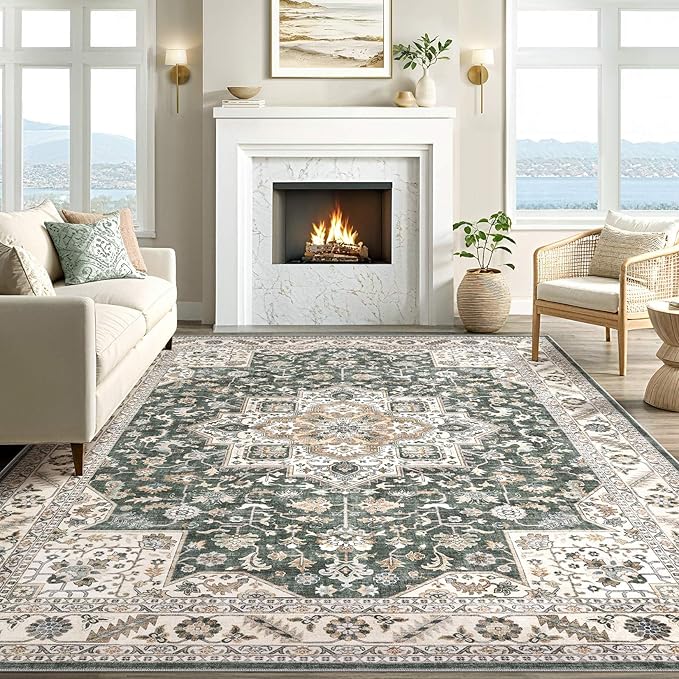 Vintage Living Room Area Rug 10x12 - Large Soft Washable Oriental Traditional Distressed Farmhouse Rugs for Bedroom - Indoor Floor Accent Carpet for Home Office House Decor - Vintage Green