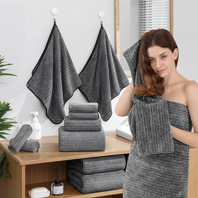 18 Piece Bath Towels Set,100% Microfiber Family Bathroom Towel with Hanging Loops-6 Bath Towels,6 Hand Towels,6 Washcloths,Quick Dry Highly Absorbent Shower Towel for Bathroom,Hotel,Spa-Black