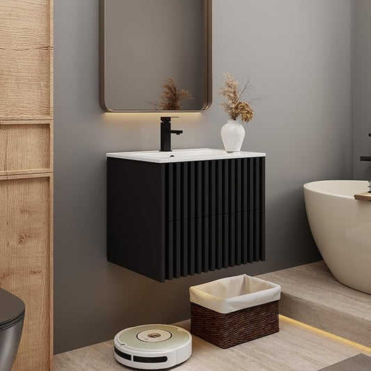 eclife 24" Floating Bathroom Vanity with Sink Combo, Modern Wall Mounted Cabinet with 2 Fluted Drawers, Undermount Sink, Faucet, Drain, Black