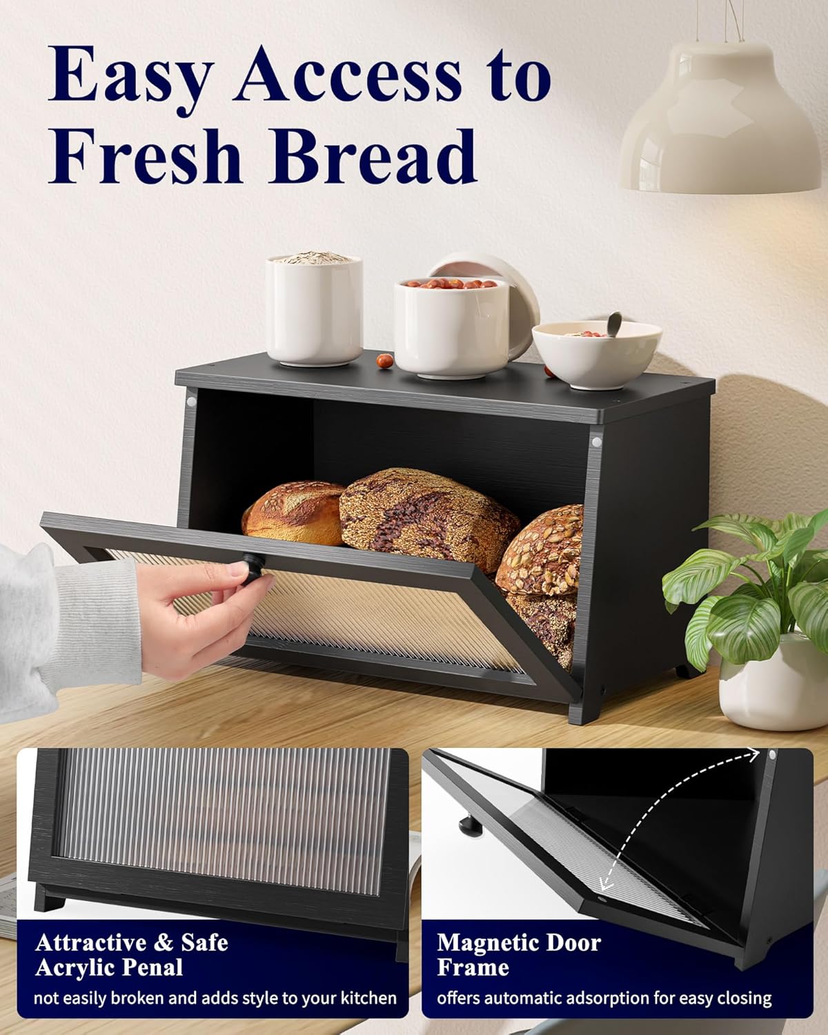 Bread Box — Wooden Bamboo Bread Box for Kitchen Countertop, Large Capacity Organizer with Magnetic Acrylic Window, Black 15.0"×8.3"×9.1"