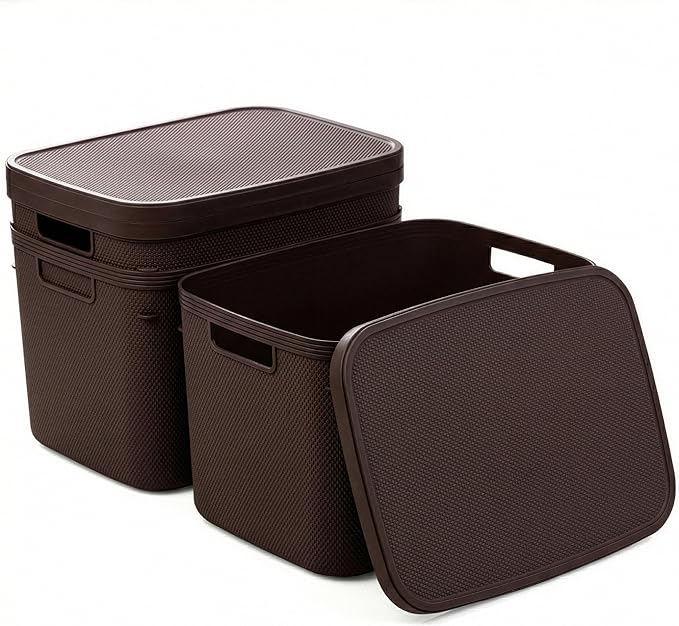 BINO | Plastic Storage Bins with Lids, 20 Liter - 3 Pack, Dark Brown | THE TWILL COLLECTION | Plastic Bins for Organization | Woven Storage Baskets for Organizing | Pantry Shelf Organizer Basket Bin