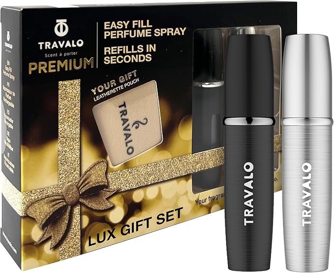 Lux Perfume Atomizer Gift Set Black & Silver - 2 Pc Leak-Proof, Airtight, Easy to Fill Mini Spray Bottles - Travel Size Perfume Refill Bottle with Polished Metal Alloy Outer Shell