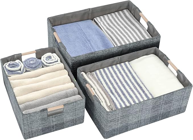 Fabric Storage Bin Box Collapsible Cotton Linen Storage Cube with Wooden Handles Rectangular Decorative Home Organizer Clothes Blanket Basket– Dark Gray Plaid, Large