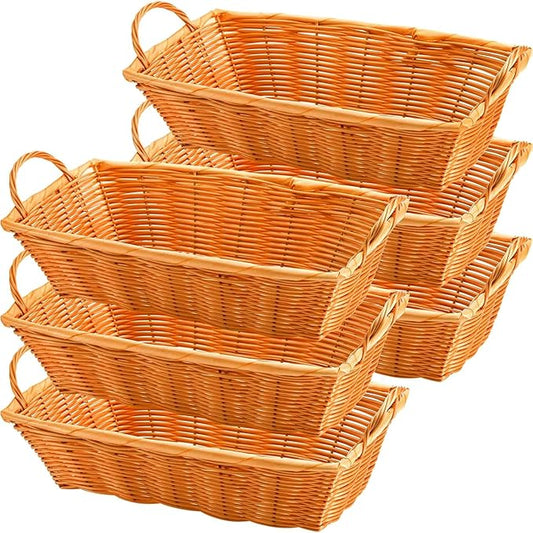 Yesland 6 Pcs Poly Wicker Bread Basket with Handle, 14 Inch Rectangular Imitation Rattan Fruit Storage Baskets - Stackable Empty Gift Basket for Vegetables, Food Serving, Display, Outdoor, Orange