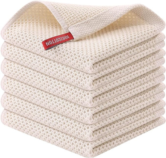 Kitinjoy 100% Cotton Kitchen Dish Cloths (12 X 12 Inches, Beige), 6-Pack Waffle Weave Dish Towels for Drying Dishes Super Soft Absorbent Quick Drying Dish Rags