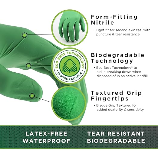 SHOWA 6110PF Sustainable EBT Latex-Free, Powder-Free, Nitrile Disposable Single Use Safety Gloves, 4 Mil, 9.5" Length, X-Large (1 Box/100 Gloves)