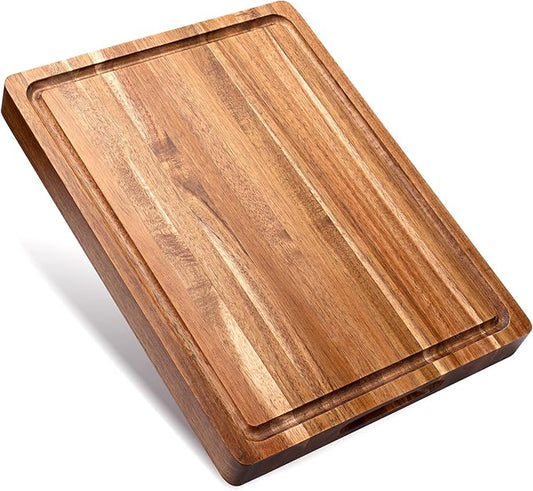 Acacia Wood Cutting Board for Kitchen, 1.5” Thick Chopping Board with Juice Groove, Sorting Compartment Charcuterie Board, 16x12x1.5 Inch Butcher Block