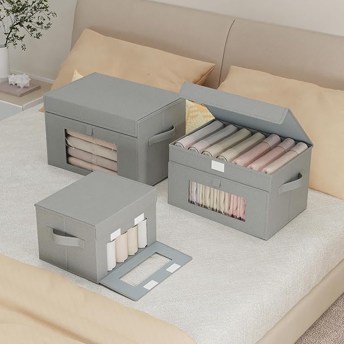 Transparent Window Storage Bin, Cube Organizer Basket with Flip-Top Lid and 2 Handles, Decorative Boxes with Cover, 4 Pack, Grey, 13 x 9 x 7.9 In, XSNY17GM-4