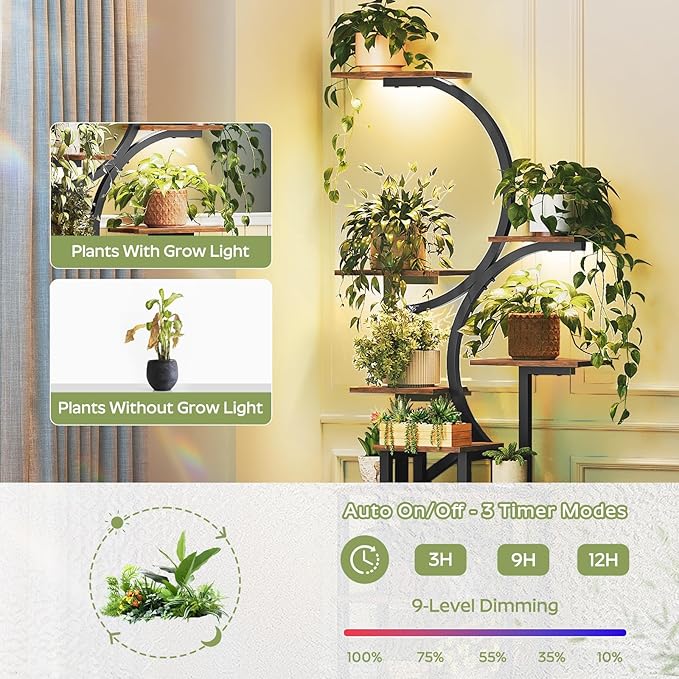 Plant Stand Indoor with Grow Lights, 9-Tier Metal Plant Stand, 69'' Tall Corner Display Shelf for Indoor Plants, for Living Room, Patio, Bedroom, Rustic Brown PT01BR