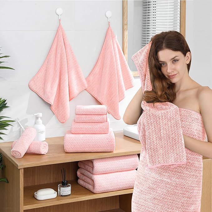 18 Piece Bath Towels Set,100% Microfiber Family Bathroom Towel with Hanging Loops-6 Bath Towels,6 Hand Towels,6 Washcloths,Quick Dry Highly Absorbent Shower Towel for Bathroom,Hotel,Spa-Pink