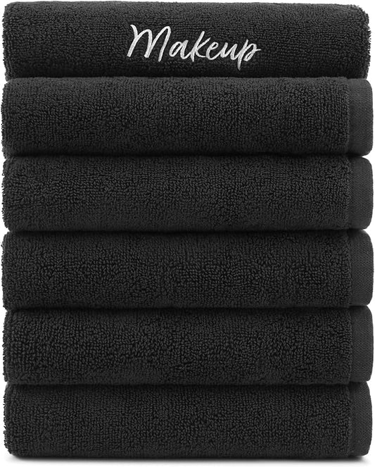 Arkwright Makeup Remover Fingertip Towels, Pack of 6, 100% Cotton Soft Quick Dry Guestroom Bath Face Towels for Makeup Removal and Facial Cleansing, 11 x 17 in, Black
