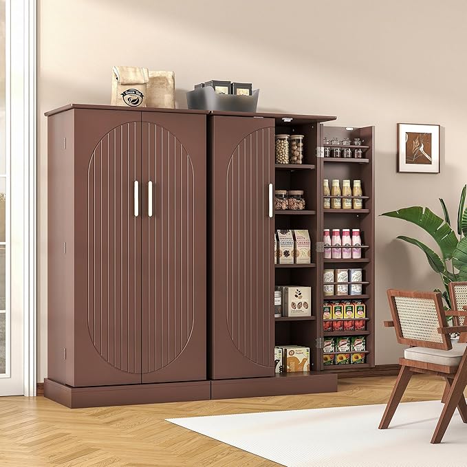 47” Kitchen Pantry Cabinets, Freestanding Kitchen Pantry Storage Cabinet with Doors and Adjustable Shelves, Buffet Cupboards Storage Cabinet for Home Office Use (Brown)