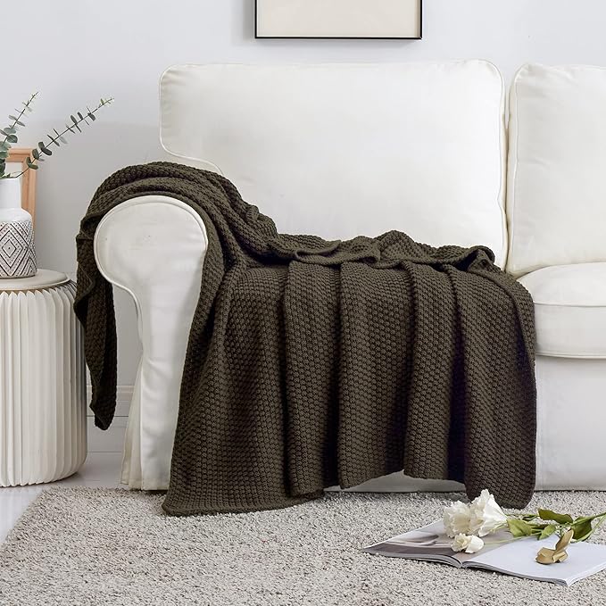 Longhui bedding Dark Brown Knitted Throw Blanket for Couch, Soft, Cozy Machine Washable 100% Cotton Sofa Knit Blankets, Heavy 3.0lb Weight, 51 x 63 Inches.
