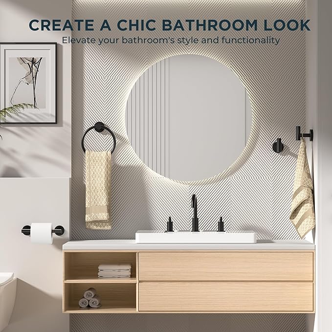 FORIOUS 4 Piece Bathroom Accessories, SUS304 Stainless Steel Toilet Paper Holder, Towel Ring and 2 Towel Hooks, Wall Mounted Bathroom Hardware Set (Matte Black,Double Post Pivoting)