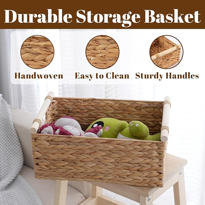 Wicker Storage Basket with Handles 15.5x10.8x6.2 Inch, Natural Woven Storage Baskets for Shelves Organization, Decorative Basket for Kitchen, Bathroom, Living Room Decor, Farmhouse Home Decor