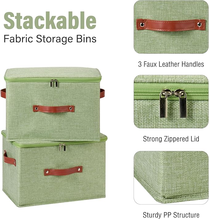 Storage Bin Box with Zippered Lid Cotton Linen Fabric Decorative Basket PU Leather Handles PP Plastic Board Foldable Lidded Clothing Shelf Closet Organizer Container (Light Green, Large)
