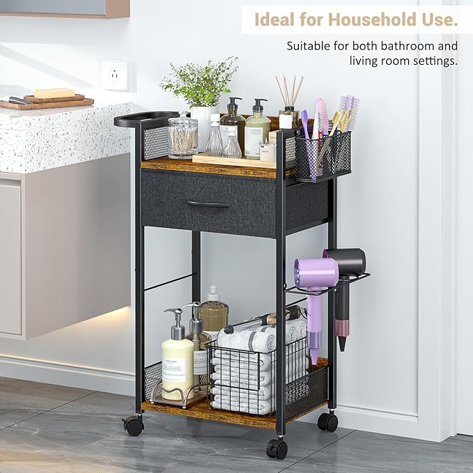 Salon Trolley Cart with Wheels, Mobile Hair Stylist Station with Metal Tool Holder & Basket, Rolling Barber Table with Fabric Drawer, Storage for Salon, Barbershop, Spa & Tattoo, Black