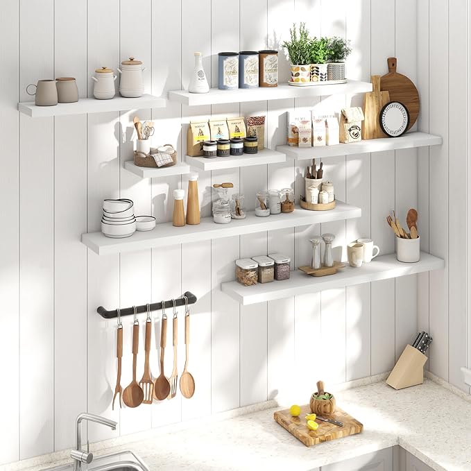40 Inch Floating Shelves for Wall Set of 2, 8"D Wood Grain Bathroom Shelves with Invisible Brackets, Easy Install Engineered Wood Storage Shelves for Kitchen, Living Room, Bedroom, White Finish
