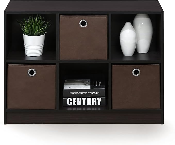 Furinno BASIC Book Shelf, 6-Cube Bookshelf with Open Shelf, 3 x 2 Bookcase with Storage Bins, Closed Back, Horizontal, 11.9" x 31.6" x 23.6", for Living Room, Bedroom, Home Office, Dark Walnut