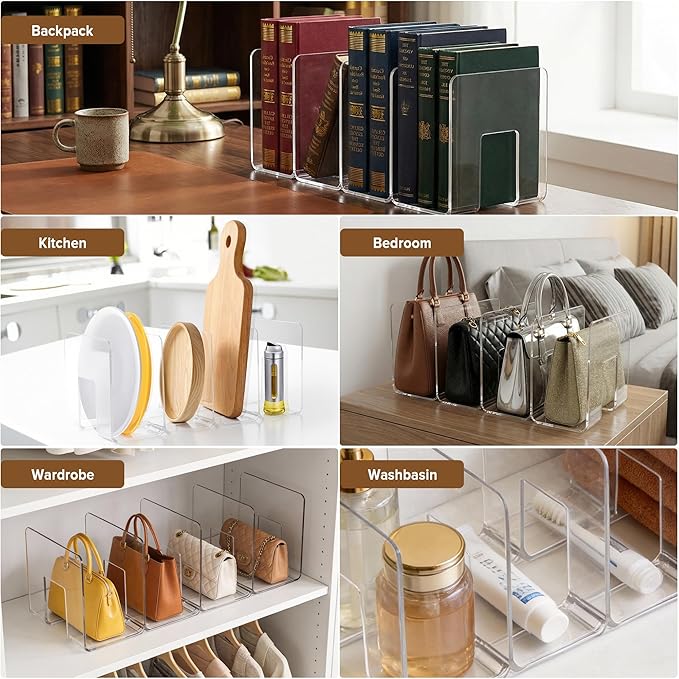 Purse Organizer for Closet, 2 Pack Fixed-Height Shelf Dividers – Clear Acrylic Handbag Organizer & Bag Organizer Set for Purse Storage, Closet Organization & Bookshelf Separation