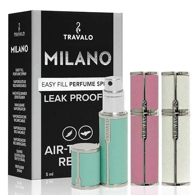 Milano Perfume Atomizer Bundle - Leak-Proof and TSA Approved for Air Travel - Reusable, Easy Fill Mini Pump Sprayer - Vegan Leather w/Polished Metal - White, Aqua, Perfect Pink - 3 Pack