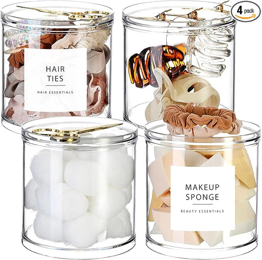 SheeChung 4-Pack Large 20oz Stackable Apothecary Jars - Clear Qtip Holder Dispenser with Storage Lids - Jumbo Size Bathroom Essentials Organizer for Cotton Balls, Pads, Bath Salts