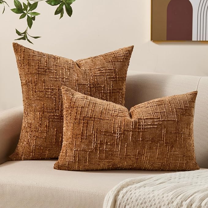 Throw Pillow Covers 22x22 Set of 2 - Rust Chenille Boho Cushion Covers