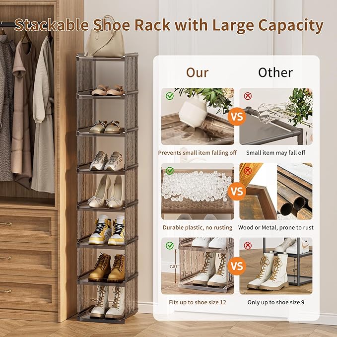 HAIXIN Vertical Shoe Rack for Closet, 5-Tier Modular Shoe Organizer for Front Door Entrance, Shoe Storage Cabinet, Narrow Stackable Shoe Stand Shelf Tower Space Saving for Entryway, Corner - Brown