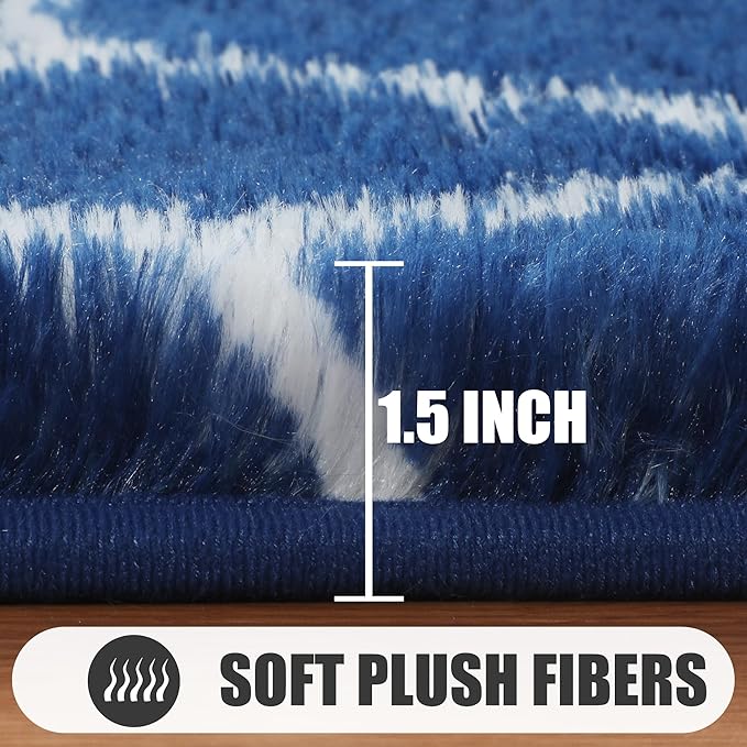 ONASAR 5x7 Area Rugs for Living Room Bedroom, Fluffy Navy Blue and White Throw Rug, Geometric Boho Soft Plush Shaggy Floor Carpet for Nursery Kids Girls Boys Teen Dorm Home Decor Aesthetic