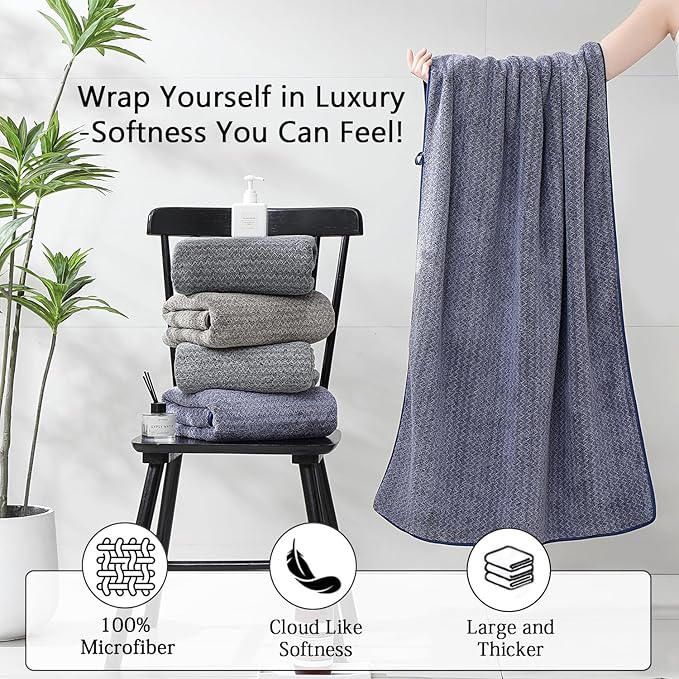 18 Piece Bath Towels Set,100% Microfiber Family Bathroom Towel with Hanging Loops-6 Bath Towels,6 Hand Towels,6 Washcloths,Quick Dry Highly Absorbent Shower Towel for Bathroom,Hotel,Spa-Navy