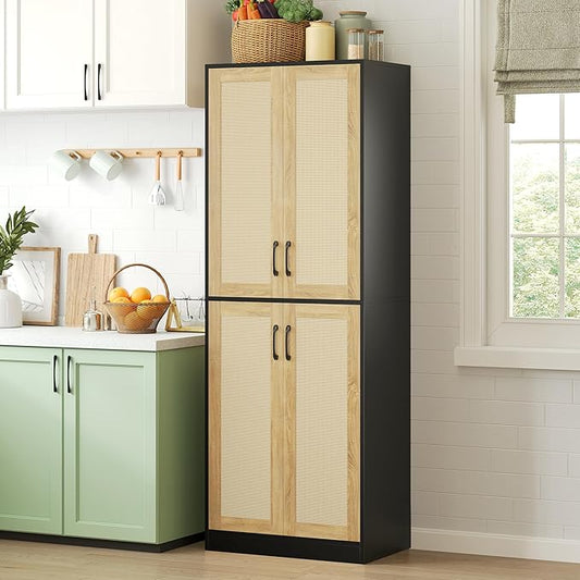 JASIWAY Kitchen Pantry Cabinet, 67" Tall Rattan Storage Cabinet with Doors and Adjustable Shelves, Wooden Linen Pantry Cupboard for Small Spaces Laundry Room Bathroom, Food Snack Towels Storage, Black